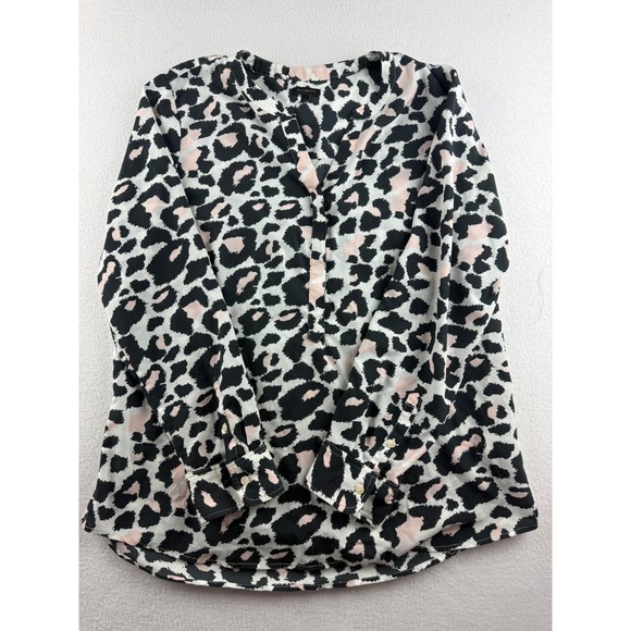 Talbots Tops - Talbots Womens Pink Black Leopard Print Split V-Neck Blouse Long Sleeve Size L
